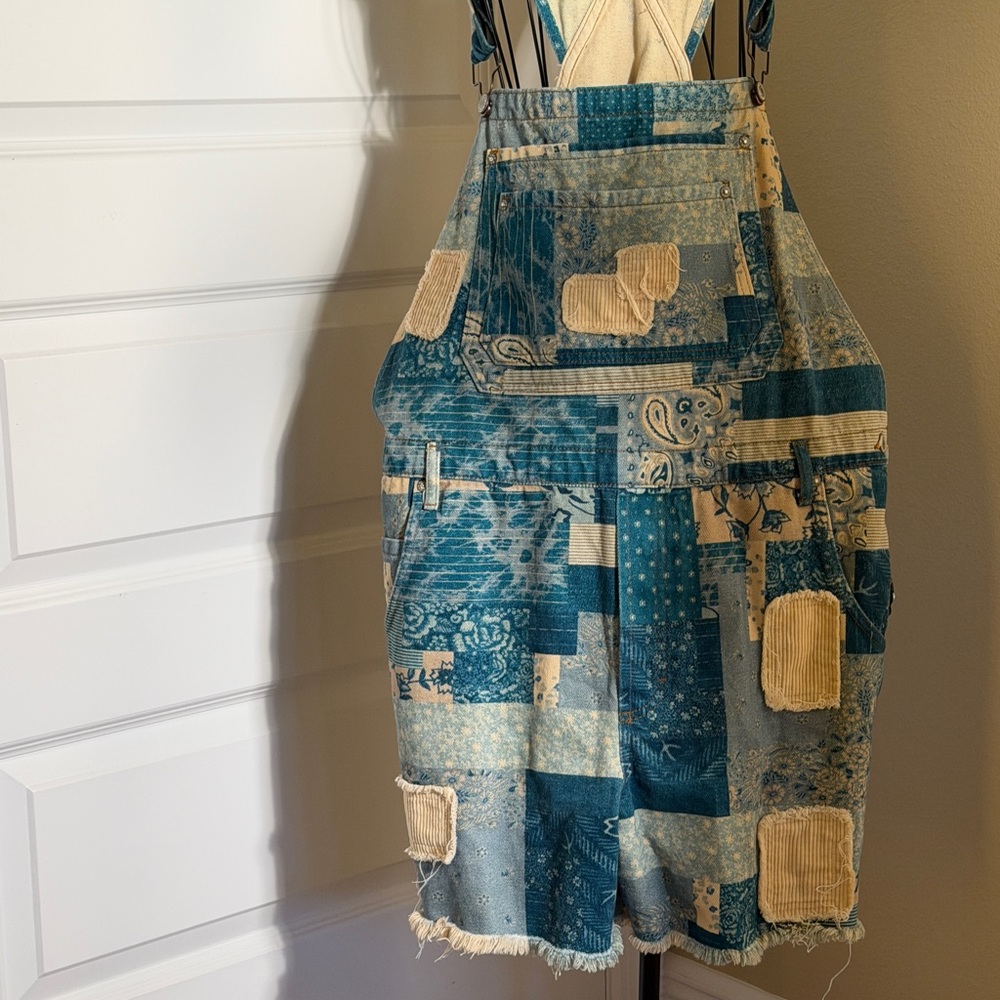 Denim patchwork short overalls adorable - image 2